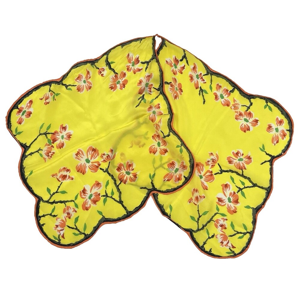 Vintage Asian Floral Silk Hanky Scarf Scalloped Edges Yellow Double Hankie *READ